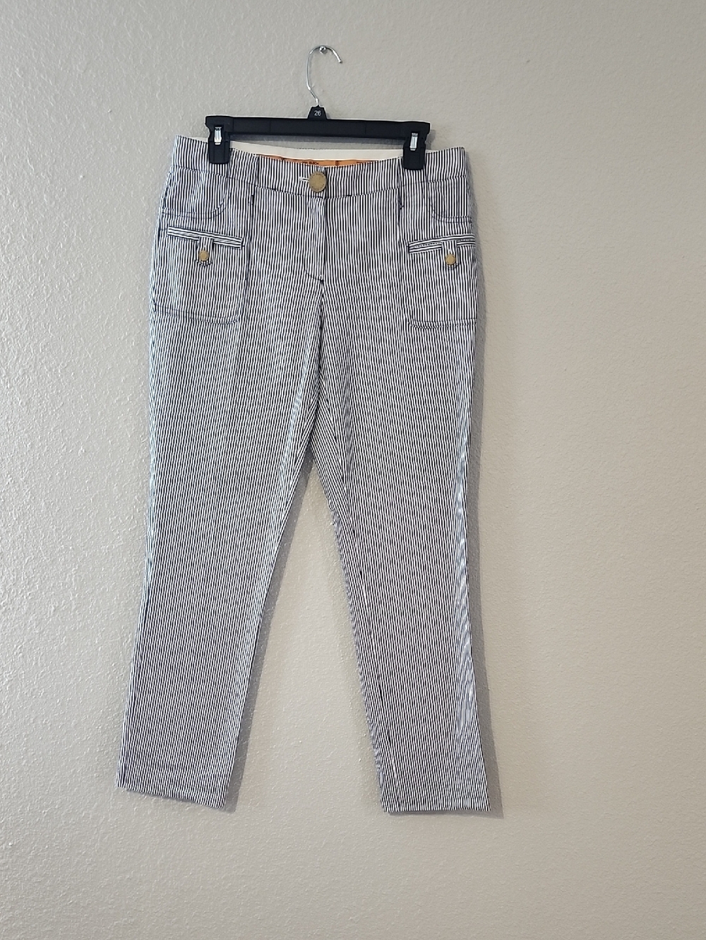 Tory Burch Navy and White Pinstripe Cropped Pants with Gold Trim
